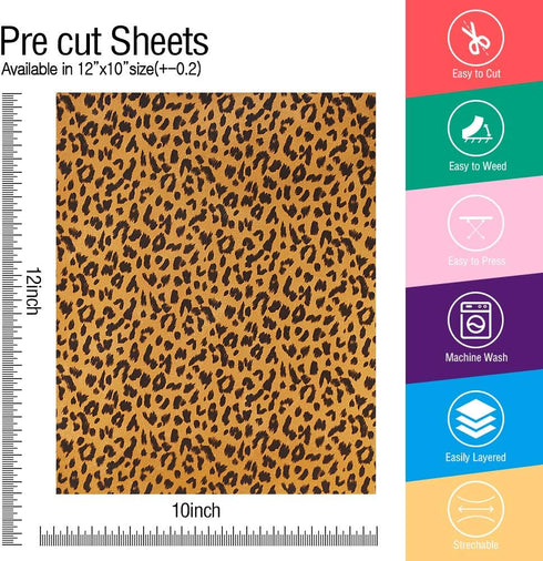 5pcs/Set Leopard Patterned Heat Transfer Vinyl, Stretchable 12" x 10" Cheetah Print HTV Vinyl Sheets for T-Shirt Decoration and DIY Craft Material...