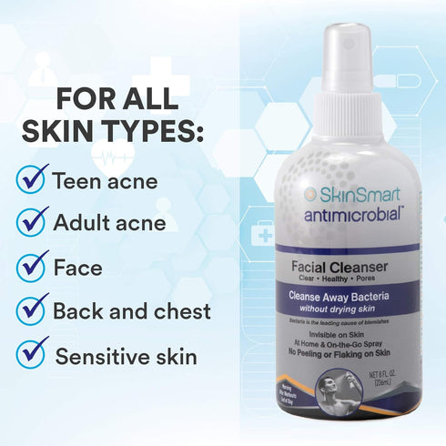 SkinSmart Facial Cleanser for Acne, Targets Bacteria for Active Teenage Athletes Post Workout and Adult Acne, 8 oz Spray Bottle, Safe for Multiple...