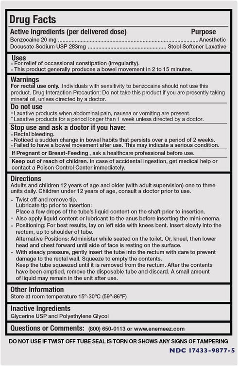 Enemeez Docusol Plus Docusate Sodium Enema - Clear 5 ml, 5 Count, Fast-Acting for Constipation...