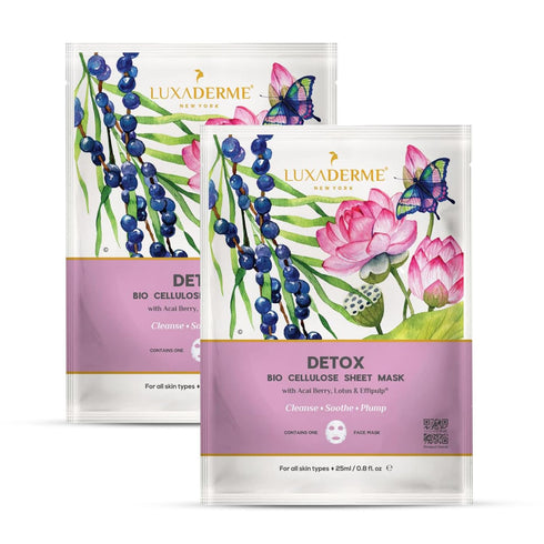 LuxaDerme Detox Bio Cellulose Face Mask, Moisturizing and Brightening Skincare Face Mask, Korean Sheet Masks for Glass Skin with Acai Berry, CoQ10...