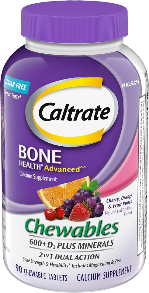 Caltrate Chewables 600 +D3 Plus Minerals Calcium and Vitamin D, Sugar Free, Cherry, Orange and Fruit Punch, 90 Count...