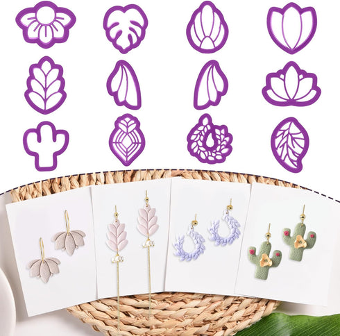 Guiqulai 12 Shapes Floral & Leaf Clay Cutters, Spring Flower Shape Polymer Clay Earrings Cutters, Cactus Clay Cutters for Earrings Making, Small C...