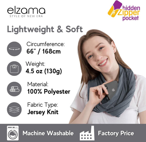 Infinity Loop Solid Color Scarf With Hidden Zipper Pocket For Women - Lightweight Travel Neck Wrap...