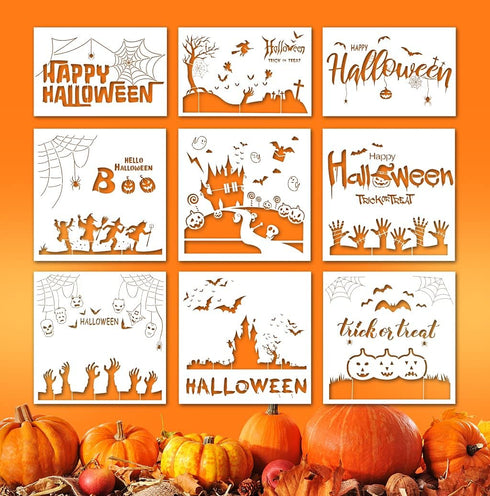 9PCS Halloween Stencils for Painting on Wood Wall Creative Patterns DIY Halloween Drawing Template Pumpkin Bat Decoration Crafts Stencils Perfect ...
