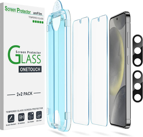 amFilm [2+2 Pack Auto-Alignment OneTouch for Samsung Galaxy S24 5G 6.2" Screen Protector, with Camera Lens Protector,Tempered Glass,30 Seconds Ins...