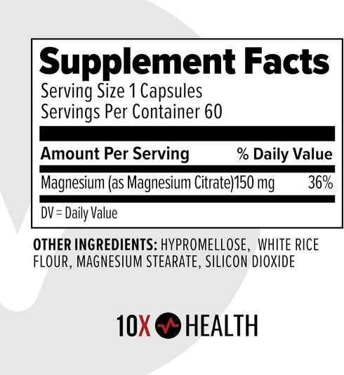 10X Health Magnesium Citrate Capsules - Magnesium Supplement for Adults to Support Sleep, Muscle Function, Stress, Cardiovascular & Heart Support ...