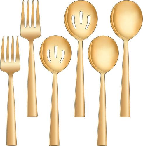 LIANYU 2 Gold Serving Spoons, 2 Gold Slotted Serving Spoons, 2 Gold Serving Forks, 8.6 Inch Stainless Steel Metal Serving Spoons Forks for Buffet ...