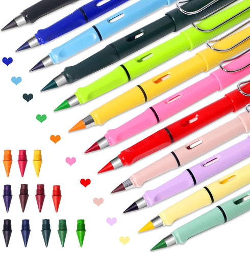 12 Colors Forever Pencil with Erase - Long Lasting Writing Infinity Pencil with Extra 12 Replaceable Heads, Never Sharpen Everlasting Inkless Penc...