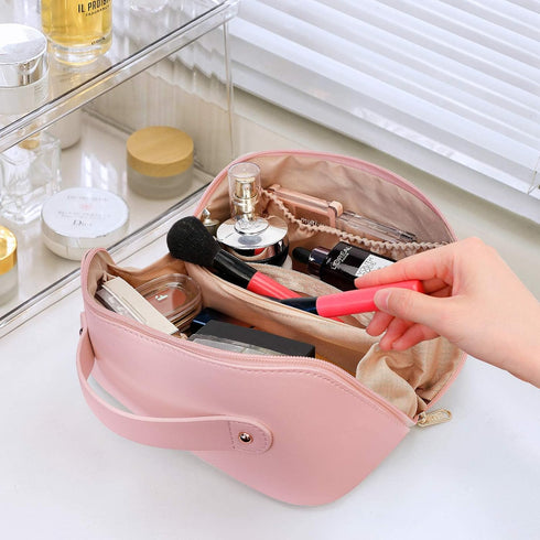 Ranslen Large Capacity PU Leather Travel Makeup Bag, Opening Cosmetic Bags, Waterproof Portable Toiletry Bag with Dividers and Handle, Valentine's...