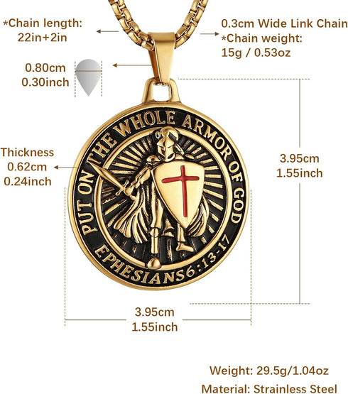 HZMAN Knights Templar Put On The Whole Armor of God Ephesians 6:13-17 Red Cross Design Stainless Steel Necklace for Men...