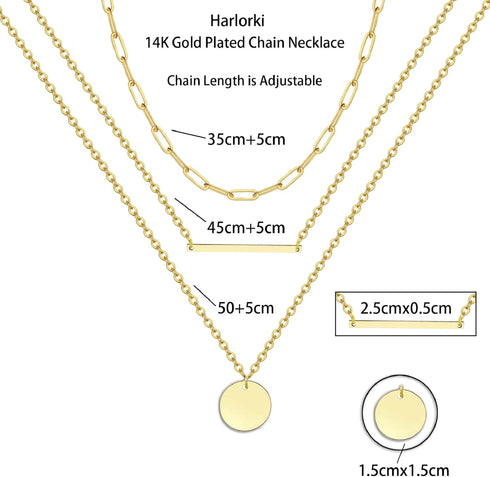 Harlorki Dainty Simple 14K Gold Plated Layered Paperclip Chain Choker Bar Round Disk Pendant Necklace Fashion Jewelry Gift for Women Lady...