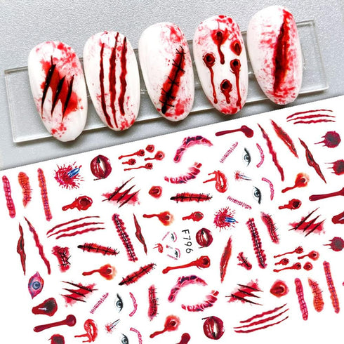 Halloween Nail Art Stickers Blood Nail Decals, 6 Sheets 3D Self Adhesive Halloween Nail Art Supplies Sticker Blood Scar Clown Eye Halloween Nail D...