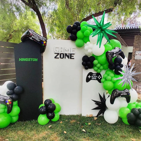 144Pcs Video Game Balloon Arch Garland Kit Green Black Silver Explosion Star Game Controller Mylar Balloons for Boys Kids Game On Level Favor Them...