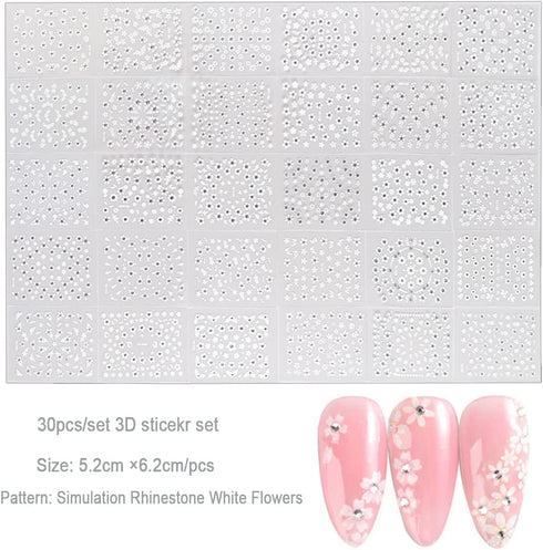 30 Sheets White Flower Nail Art Stickers, White Flower with Rhinestones Designs Nail Decals 3D Self Adhesive Nail Stickers Nail Art Supplies White...