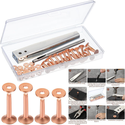 Hotop Copper Rivet and Burr Washers for Leather Work #9 and #12 Brass Rivets Setter Install Setting Tool with Hole Punch Cutter Kit for Belts Wall...