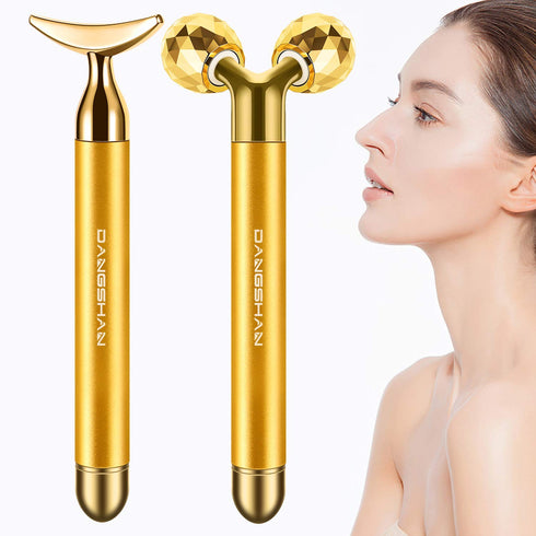 2-IN-1 Electric Face Massager Roller 24k Golden Face Roller, 3D Roller and Unique Crescent Shape Facial Roller Massager Kit Arm Eye Nose Massager ...