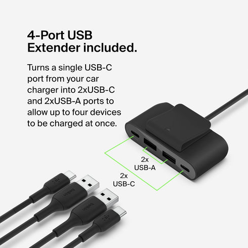 Belkin Boost?Charge™ 30W Fast Car Charger, Compact Design w/USB-C Power Delivery Port, 4-Port USB Power Extender, Universal Compatibility for iPho...