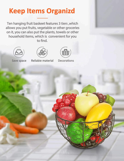 Round Wire Basket Black Fruit Basket Bowl Fruit Holder for Kitchen with Handle Black Home Storage for Vegetables, Snacks, Household Items Decor...