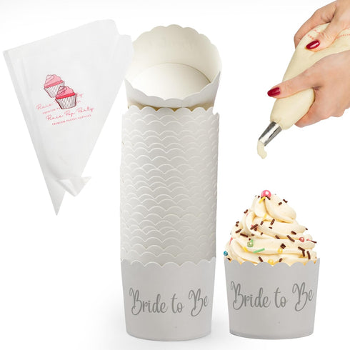 Bride To Be Cupcake Liners Wrappers 25 Count 4.5 oz Each 2-12inch Disposable Piping Bags Wedding Bridal Shower Oven Safe Greaseproof Baking Cups M...