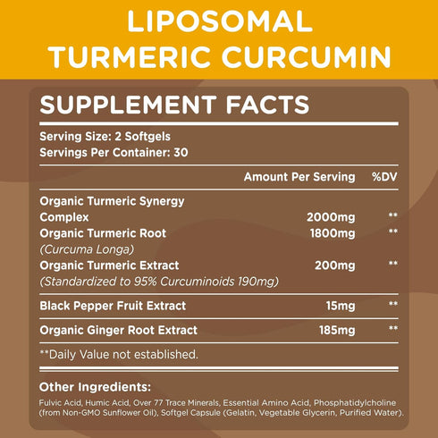 Liposomal Turmeric Curcumin Supplement 2200 mg with Black Pepper Extract 15 mg for High Absorption and Joint Function, 60 Softgels for Adults...