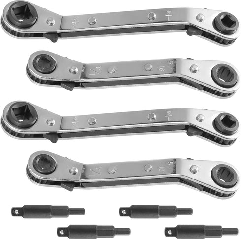 4 PCS HVAC Service Wrench Tools, Ratcheting Curved Wrench with Hex Bit Adapter, Refrigeration Service Wrench Set for Equipment Repair, 3/8" to 1/4...