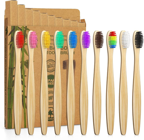10 Color Soft Bristles Natural Bamboo Toothbrushes Set, Premium BPA Free for Best Clean, Eco-Friendly, Plastic-Free, Vegan, Biodegradable & Compos...