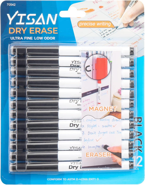 YISAN Magnetic Dry Erase Markers Ultra Fine Tip,0.7mm, Extra Fine Point, Whiteboard Markers with Erasers, Low Odor, for School Office Home,Black,7...