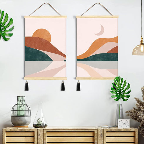 Boho Prints Wall Art Bedroom Aesthetic,16x24 In Set of 2 Wood Magnetic Poster Hanger Framed Wall Canvas Art,Hanging Picture Frame Sun and Moon Wal...