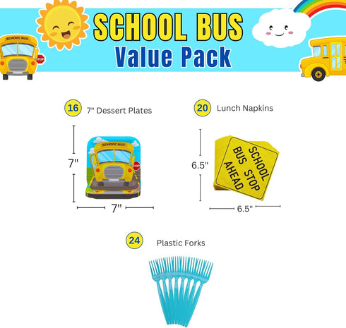 Blue Orchards School Bus Value Party Supplies Pack (60 Pieces for 16 Guests) - School Bus Party Supplies, School Bus Birthday Plates and Napkins, ...