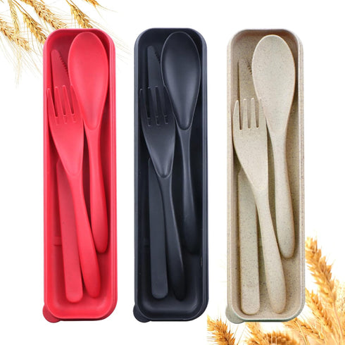 Reusable Travel Utensils Set with Case, 3 Sets Wheat Straw Portable Knife Fork Spoons Tableware, Eco-Friendly BPA Free Plastic Cutlery Travel Picn...