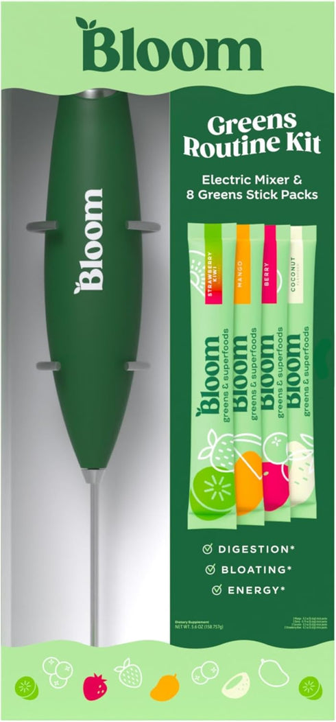Bloom Nutrition Electric Hand Mixer & 8 Super Greens Powder Stick Packs...