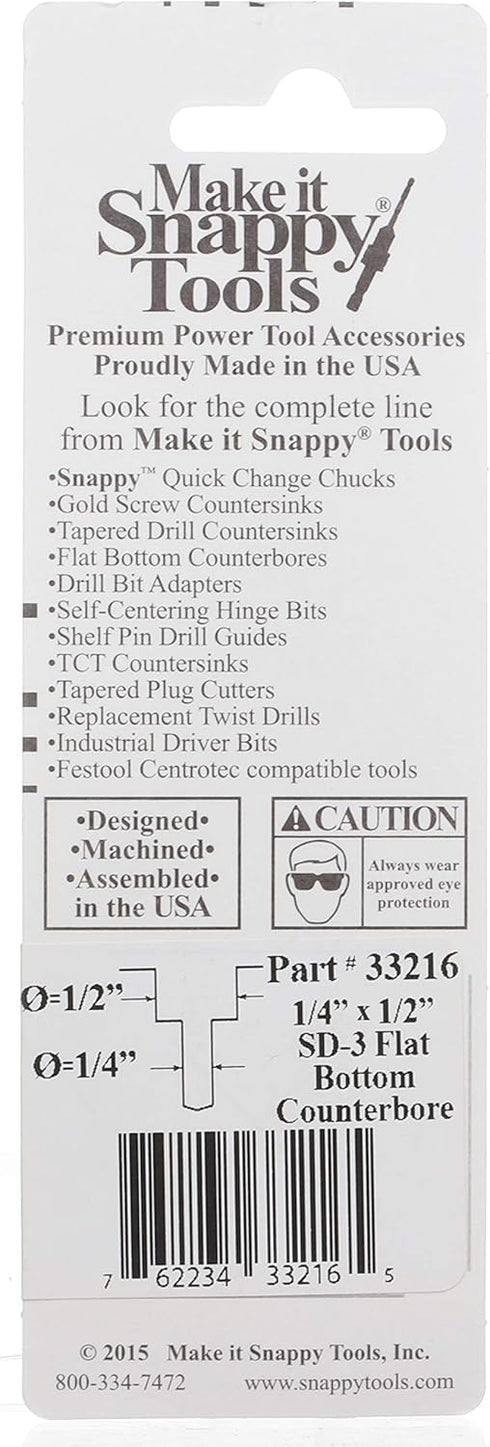 Make it Snappy Tools 1/4 Inch x 1/2 Inch 3-Flute Flat Bottom Counterbore with TiN coated twist drill #33216...