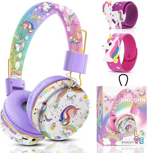 QearFun Unicorn Headphones for Girls Kids for School, Kids Bluetooth Headphones with Microphone & 3.5mm Jack, Teens Toddlers Wireless Headphones w...