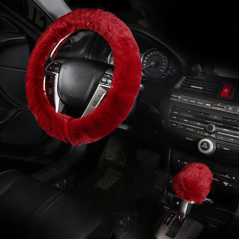 4 Pcs Furry Car Steering Wheel Cover with Fluffy Gear Shift Cover Soft Warm Non-Slip Car Decoration for Women Girls (Wine-red)...