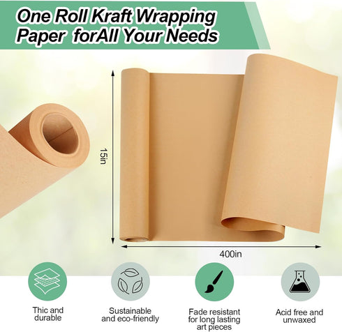 15"×400" Brown Paper Roll, Brown Wrapping Paper, Craft Paper, Wrapping Paper, Packing Paper for Moving, Packing, Gift Wrapping, Wall Art, Table Ru...