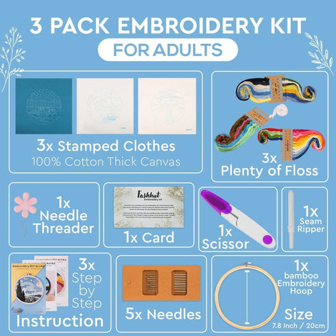 Fashhut Set of 3 Embroidery Kit for Adults with Patterns and Complete Instructions – Landscape Hand Embroidery Kits with 1 Embroidery Hoop, Needle...