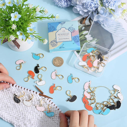 SUNNYCLUE 1 Box 30Pcs 5 Colors Cute Stitch Marker Knitting Crochet Markers Enamel Whale Planner Charms Removable Leverback Locking Knit Markers fo...