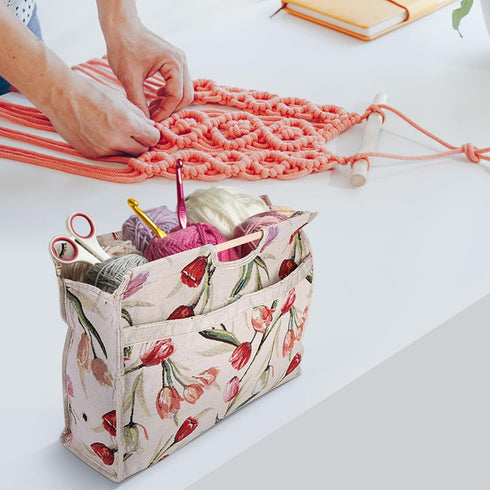 Knitting Tote Bag,Exquisite Practical Wood Handle Woven Fabric Storage Bag for Knitting Needles Sewing Tools(Red Flower)...