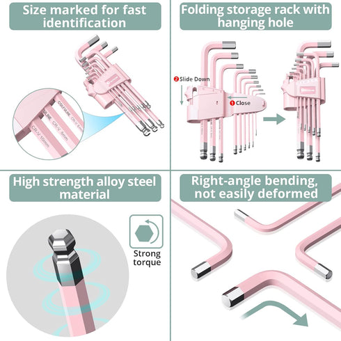 COLFULINE 9 PCS PINK Allen Key Set, Long Ball End Hex Key Set, Cr-V Allen Wrench Set for Women, Size 1.5-10mm with Colour-Coding for Best Gifts an...