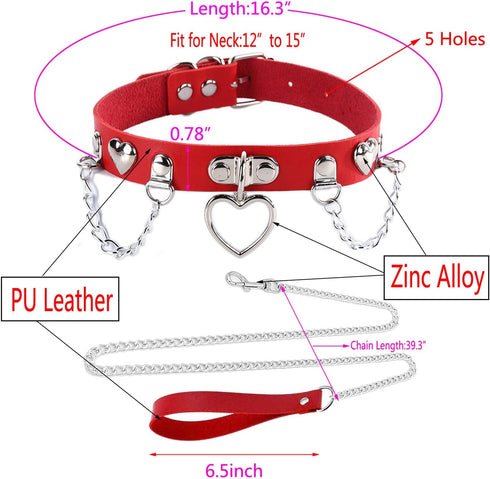 Red Leather Choker Collar with Chain Leash Set Adjustable Soft PU Heart Pendant Necklace for Women Ladies Pet Dogs Cats...