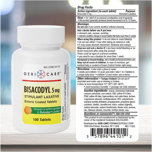 GeriCare Bisacodyl 5 mg Laxative Coated Tablet | Generic for Dulcolax | Stimulant Laxative | Gentle Overnight Constipation Relief 100 Count (Pack ...