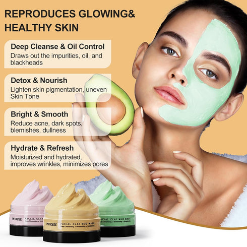 3 Pcs Clay Facial Mask Set - Turmeric Vitamin C Clay Mask - Rose Face Mask, Avocado Mud Mask, Facial Skin Care Mask for Deep Cleansing, Oil Contro...
