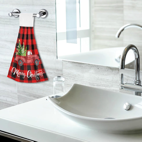Boccsty Christmas Tree Truck Fingertip Bath Towels 2 Pcs New Year Red Black Plaid Tartan Hanging Kitchen Hand Towel Absorbent?Dish Cloths for Bath...
