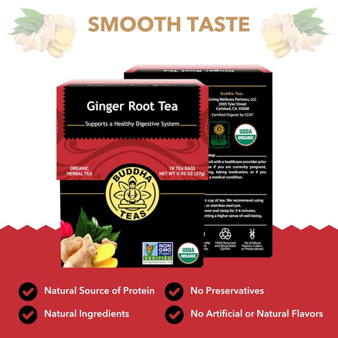Buddha Teas - Organic Ginger Root Tea - Herbal Tea - For Health & Wellbeing - With Antioxidants & Minerals - Clean Ingredients - Caffeine Free - O...