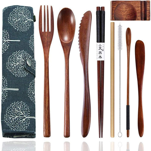 bamboo Utensils for Eating Reusable wooden travel flatware set with Case 9 Pcs durable wooden cutlery wooden spoons forks and chopsticks Wood Flat...