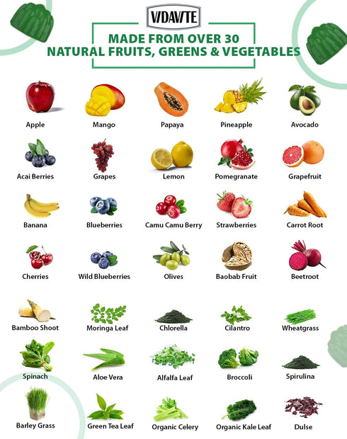 Sugar-Free Fruit and Veggie Gummies — 35+ Greens, Fruit and Vegetable Vitamins to Boost Immunity, Skin & Gut Health — Ideal Fruit and Vegetable Su...