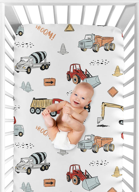 Sweet Jojo Designs Construction Truck Boy Fitted Crib Sheet Baby or Toddler Bed Nursery - Grey Yellow Orange Red and Blue Transportation...