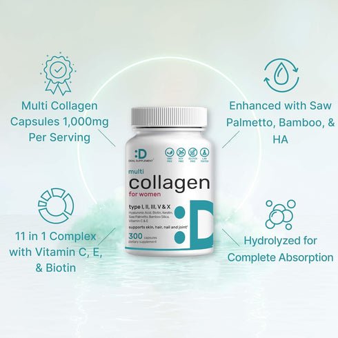 DEAL SUPPLEMENT Multi-Collagen Pills for Women with Vitamin C, E, & Biotin, 300 Capsules – 11 in 1 Formula with Saw Palmetto, Bamboo Silica, & Hya...