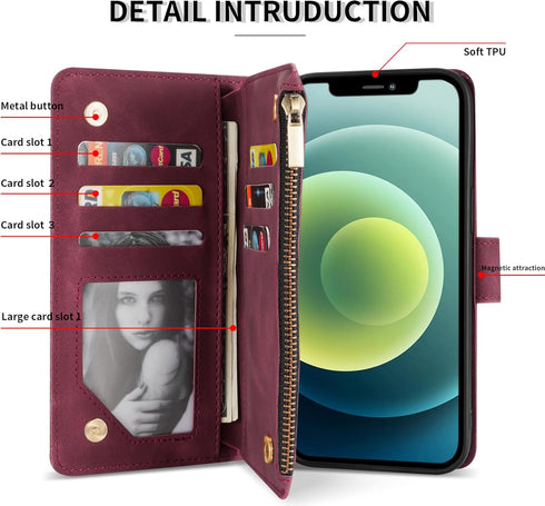 ZZXX for iPhone 12 Mini Wallet Case with Card Slot Premium Soft PU Leather Zipper Flip Folio Wallet with Wrist Strap Kickstand Protective for iPho...