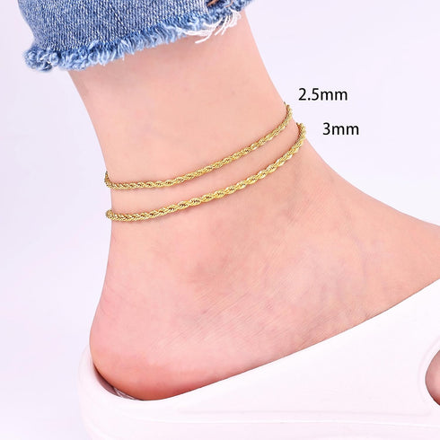 Fiusem Gold Anklet for Women, 2.5mm 18K Gold Plated Stainless Steel Braided Rope Anklet, Women's Anklets 11"...